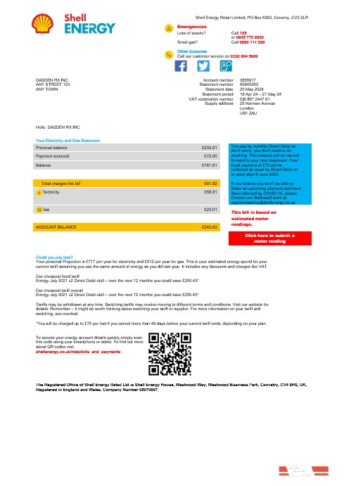 United Kingdom Shell Energy business utility bill template Word and PDF template PSD template